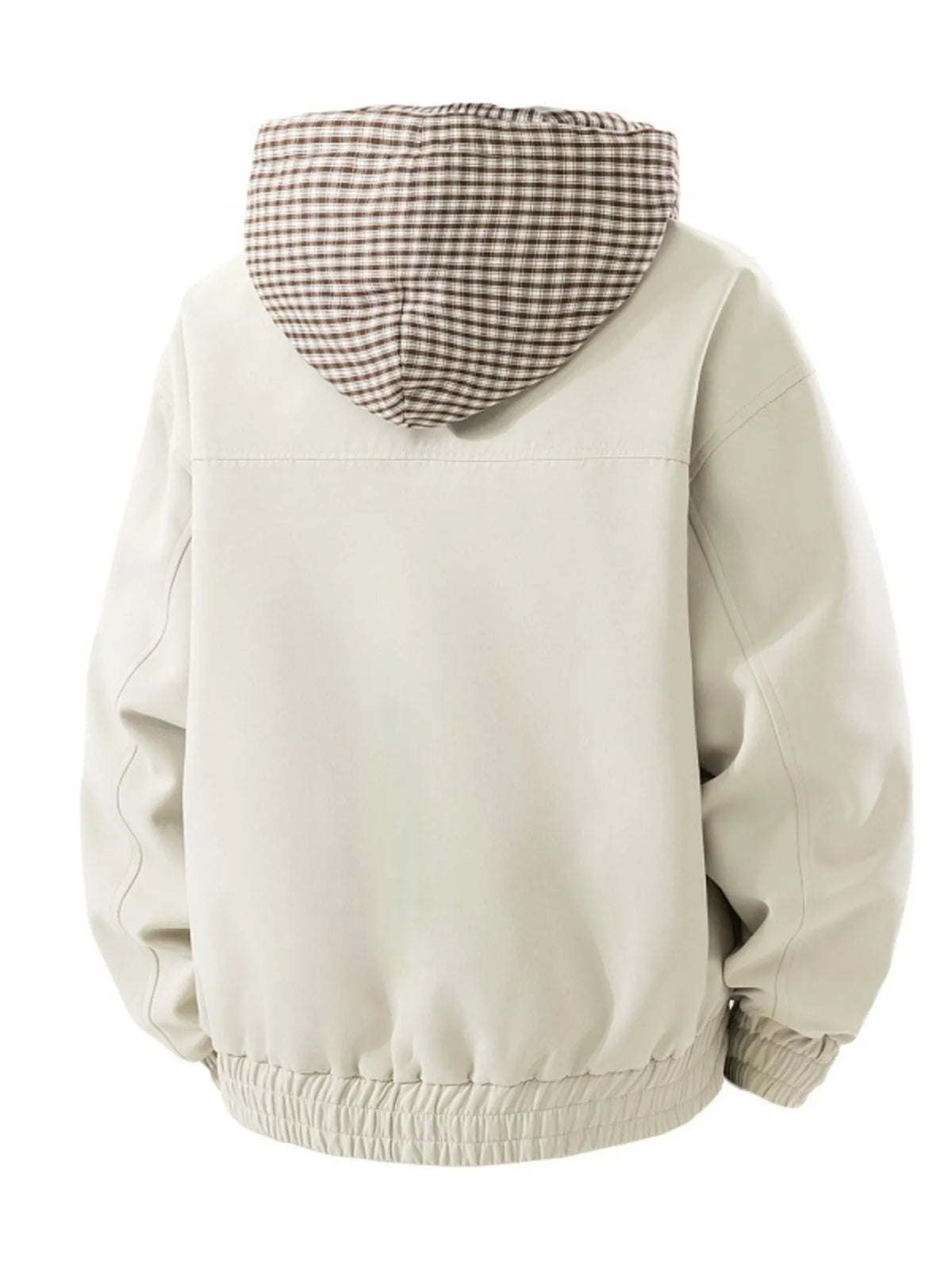 Apricot jacket back view showing the checked hood and gathered hem.