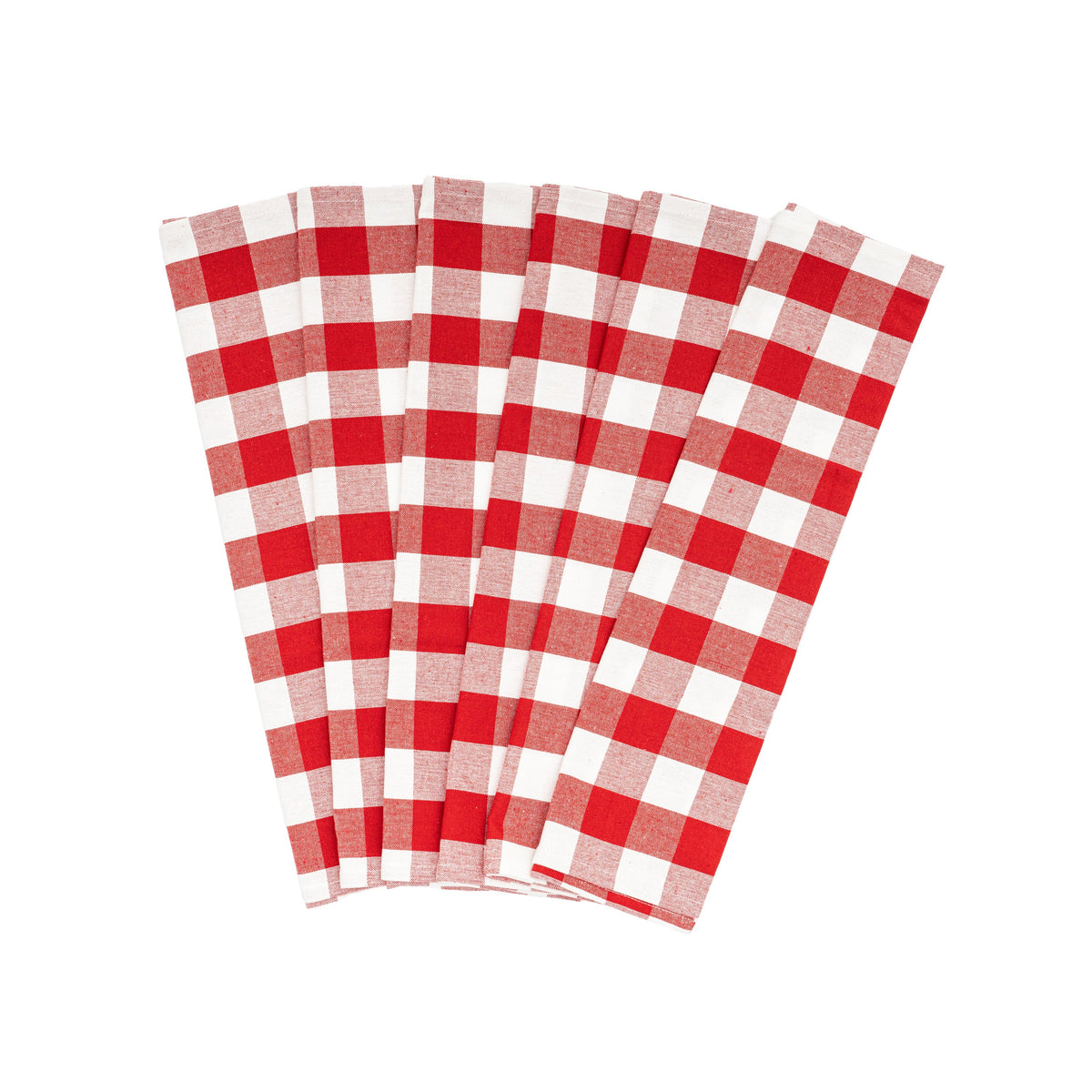 Six red-and-white plaid cotton kitchen towels arranged in a fan.