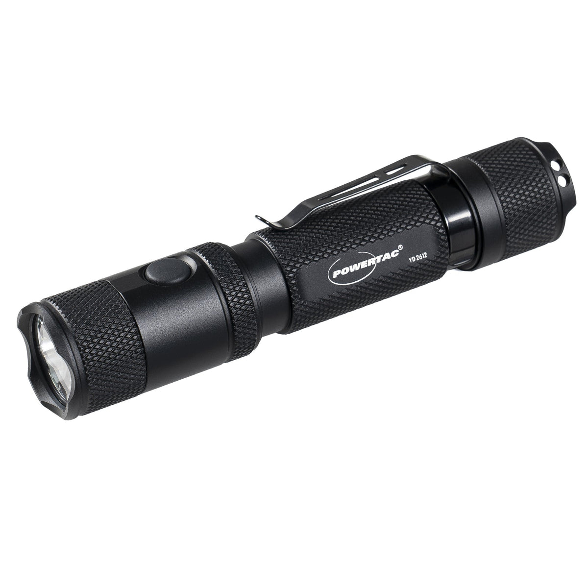 Black Powertac M5 Gen3 rechargeable flashlight with pocket clip
