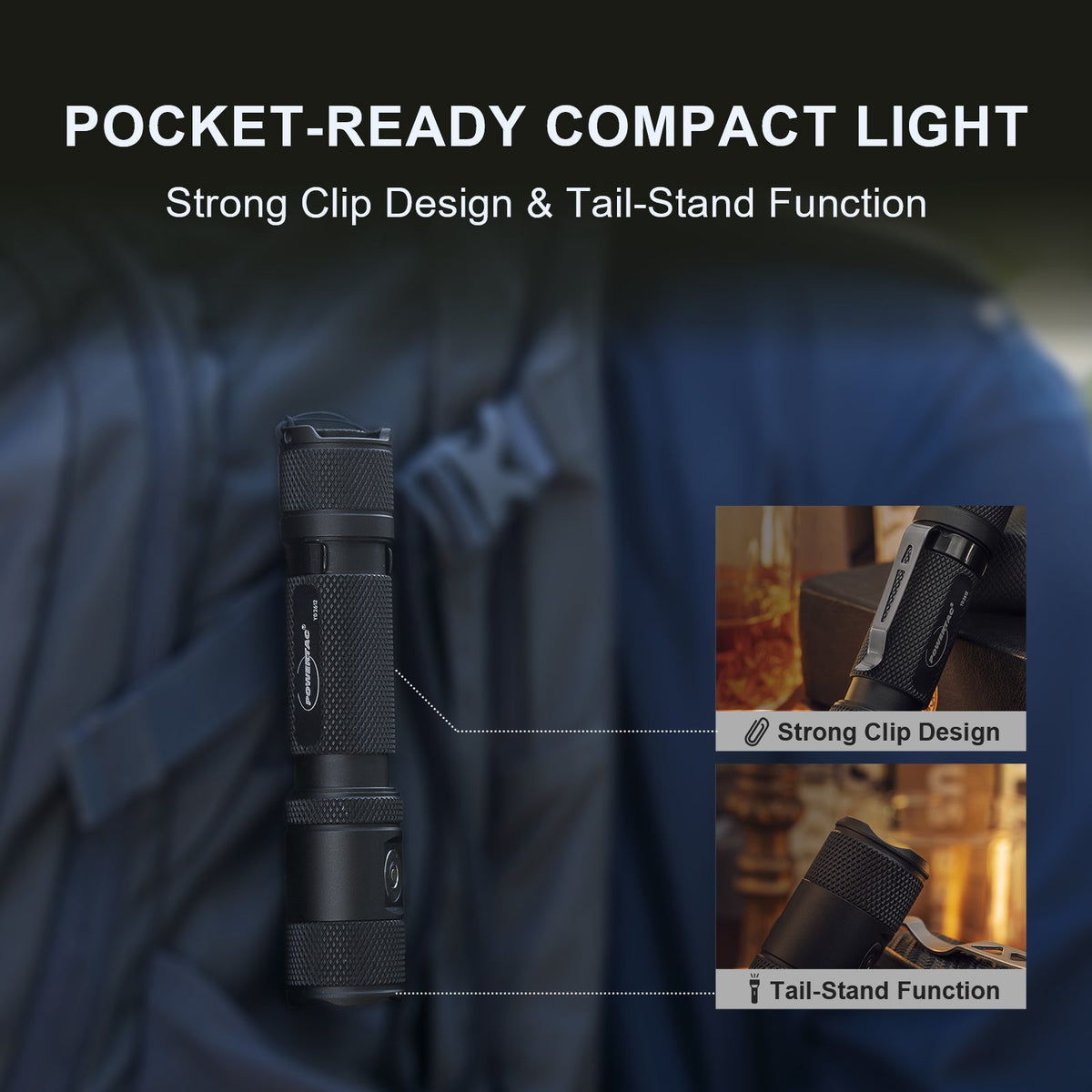 Black Powertac M5 Gen3 flashlight with pocket clip and tail-stand design
