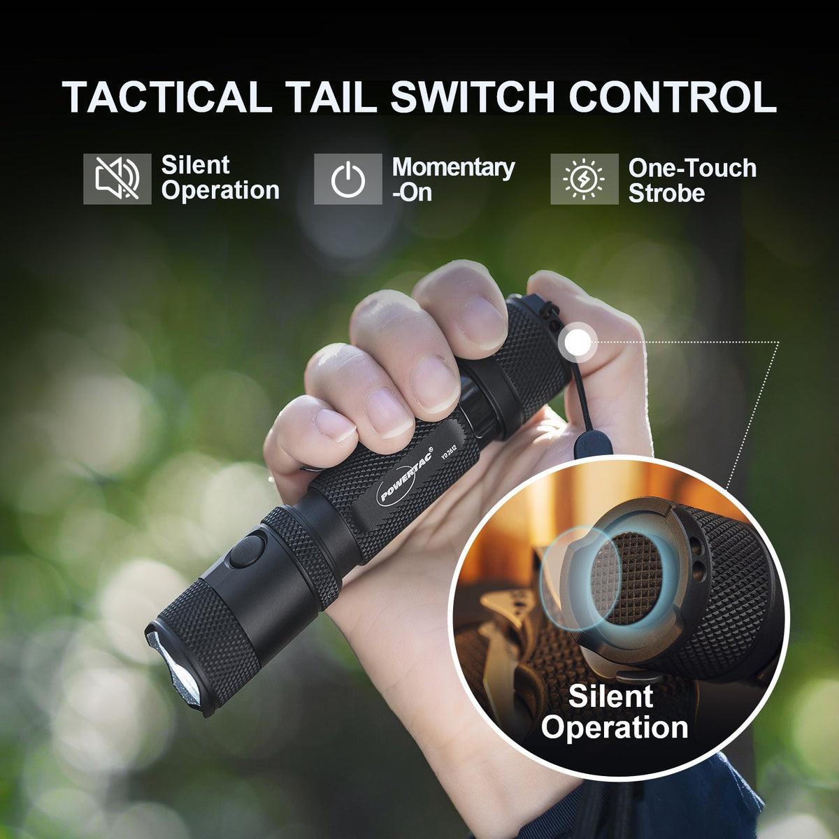 Hand operating the Powertac M5 Gen3 flashlight tail switch