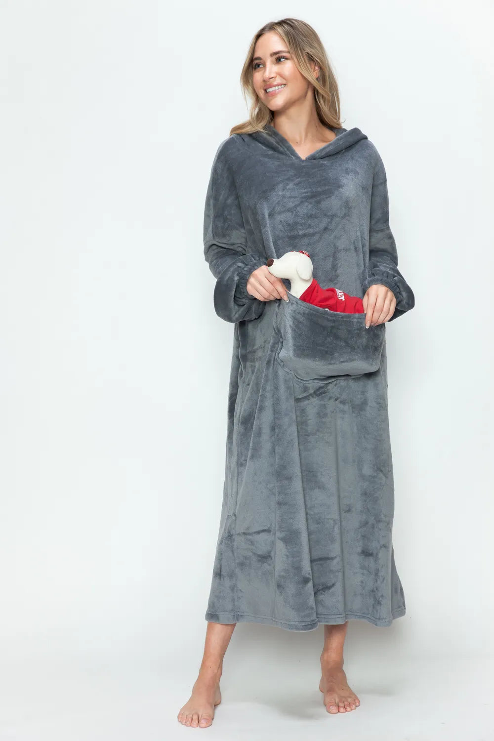 Dark Gray hooded midi lounge dress with long sleeves and front kangaroo pocket, front or angled view. One dress; styling accessories not included.