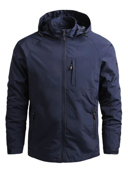 Dark blue hooded jacket, front view