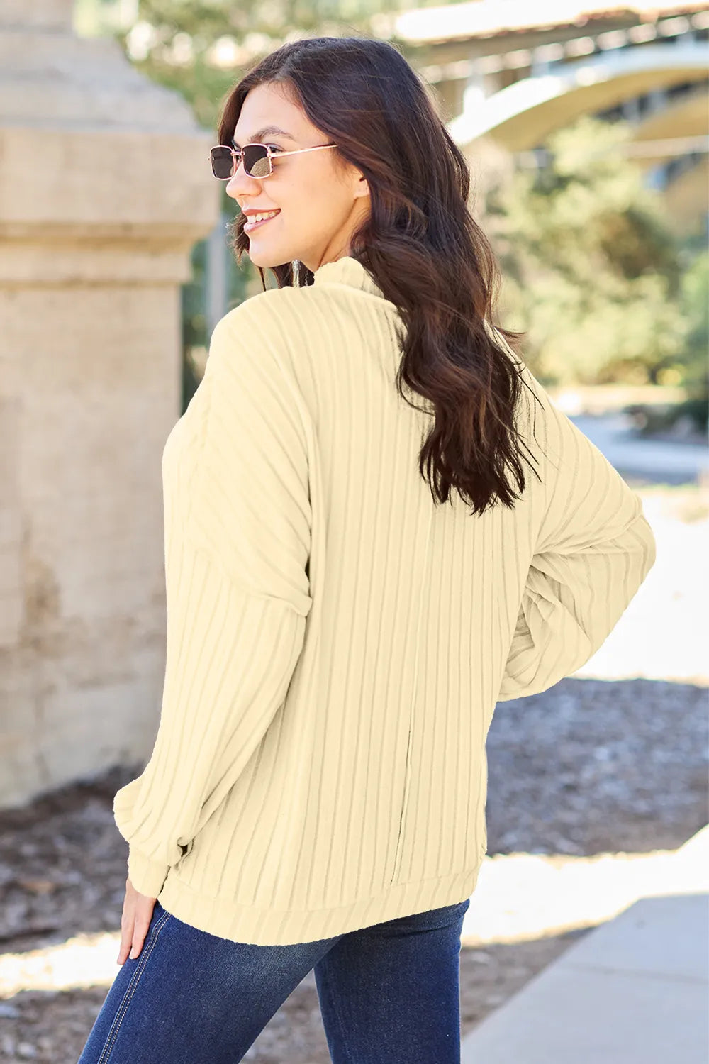 Basic Bae ribbed mock-neck long-sleeve knit top in Light Yellow, back view; top only.