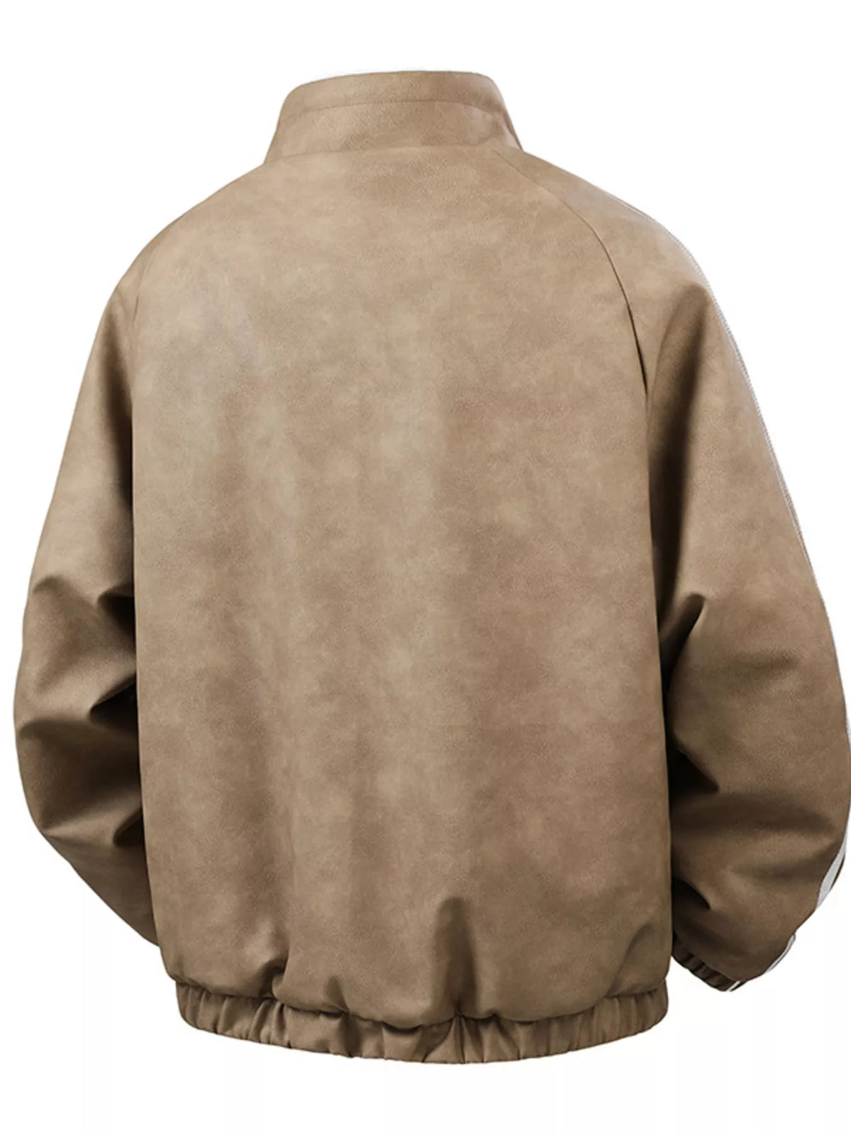 Khaki men's fleece-lined zip-up jacket, garment-only rear view showing the elasticated hem and long sleeves.