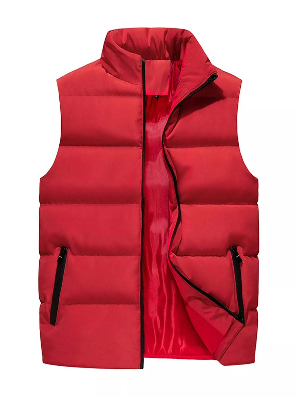 Red men's lightweight zip-up puffer vest — front view