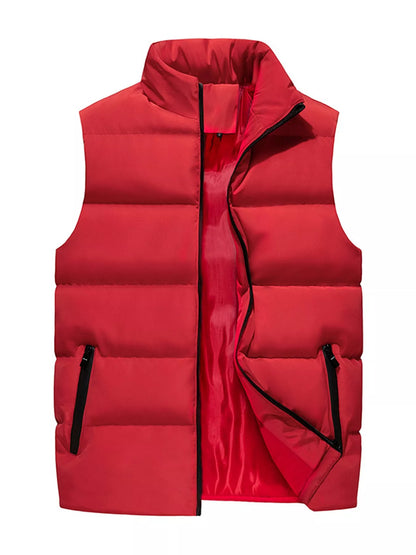 Red men's lightweight zip-up puffer vest — front view