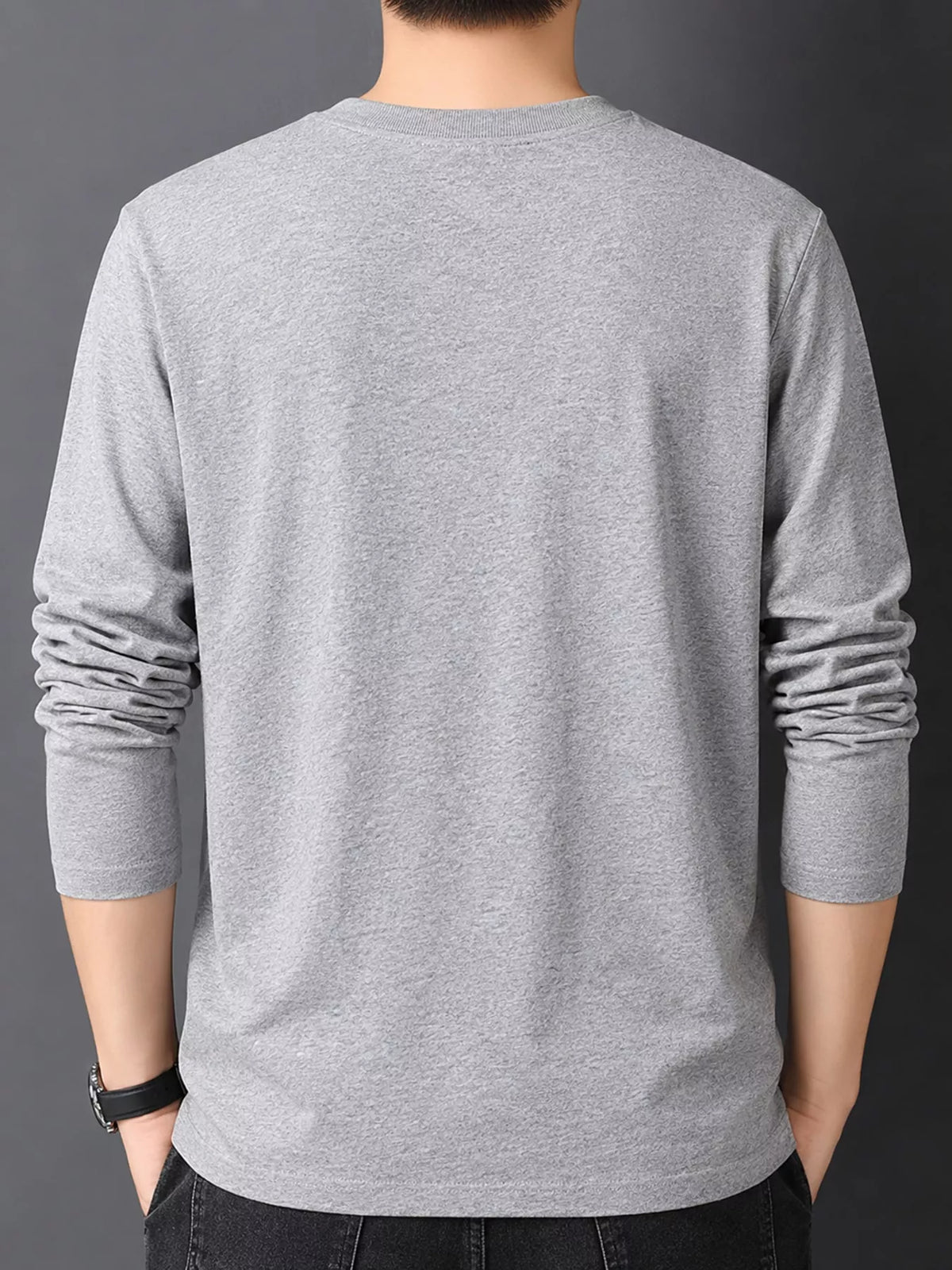 Gray men's cotton long-sleeve crewneck tee, back view.