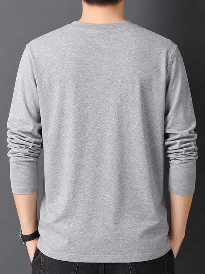 Gray men's cotton long-sleeve crewneck tee, back view.