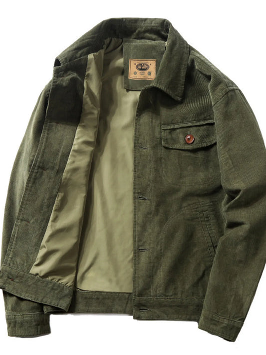 Men's Army Green corduroy-textured jacket shown open with lining and flap chest pocket