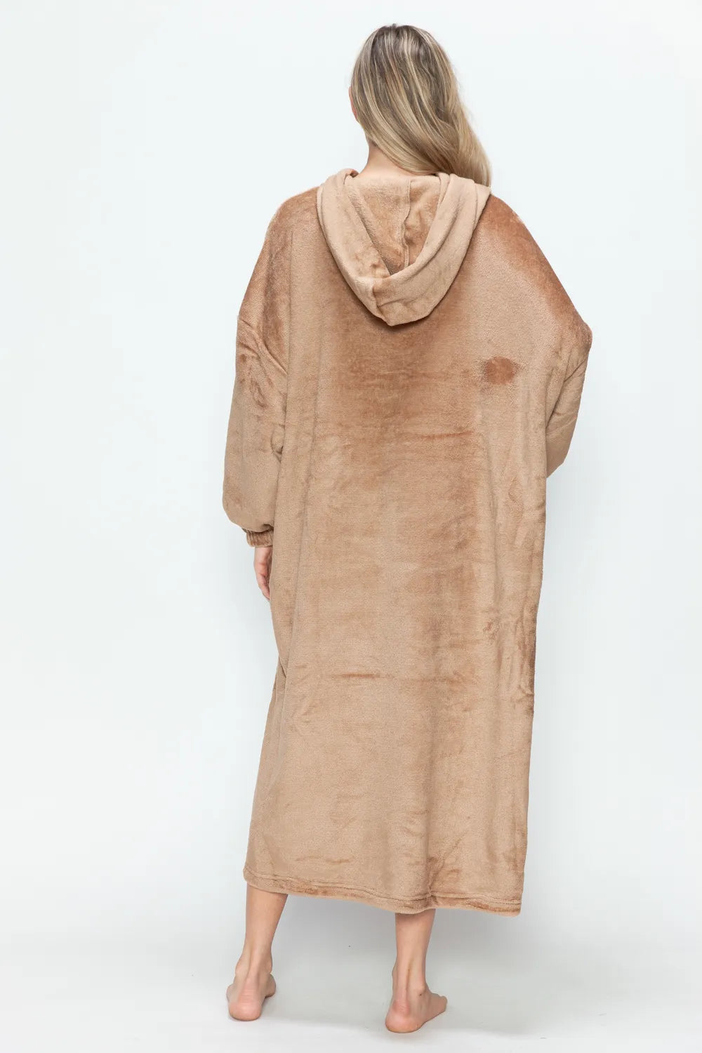 Mocha hooded midi lounge dress with long sleeves and front kangaroo pocket, back view. One dress; styling accessories not included.