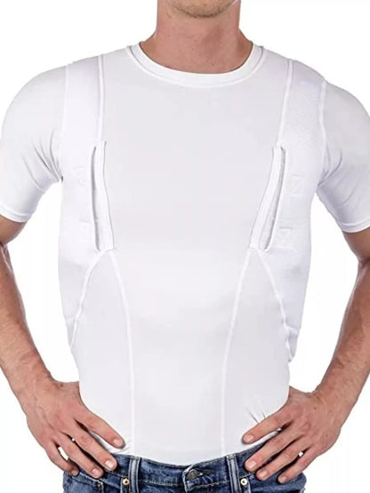 White active T-shirt with curved seam panels, shown from the front on a model.