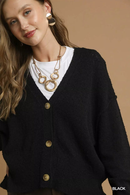 Close view of the Umgee black cardigan knit texture and gold-tone buttons
