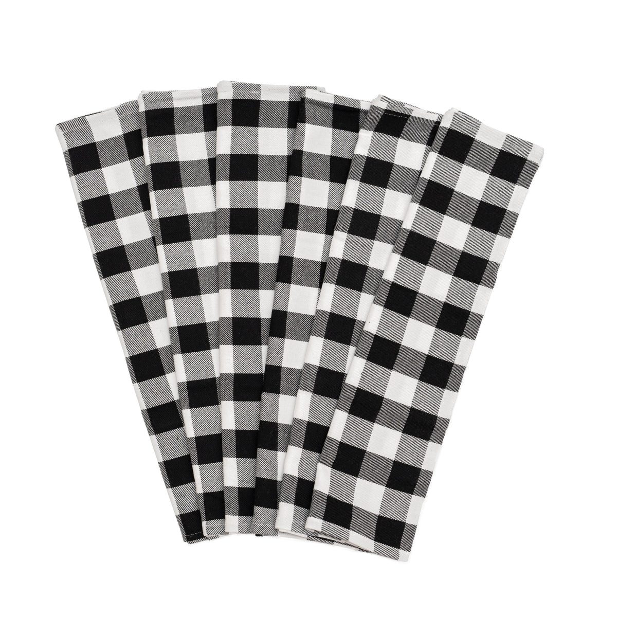 Six black-and-white plaid cotton kitchen towels arranged in a fan.