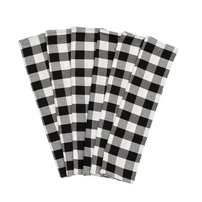 Six black-and-white plaid cotton kitchen towels arranged in a fan.