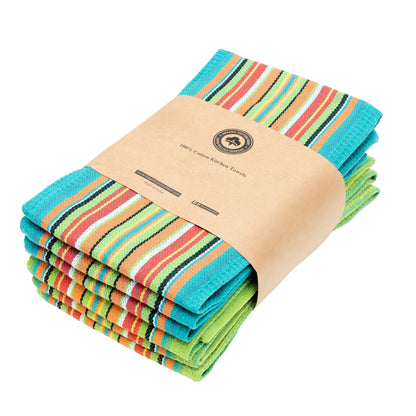 Six folded Blue & Green Salsa Stripe cotton kitchen towels in a paper band