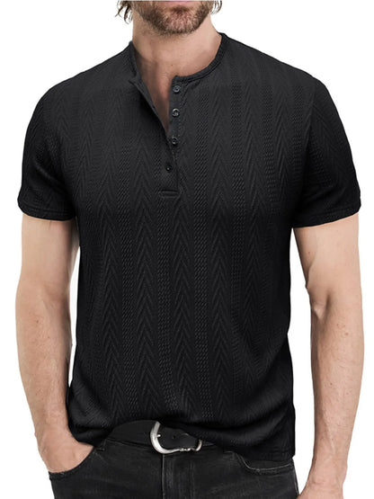 Black men's chevron-textured short-sleeve Henley shirt, front view; shirt only