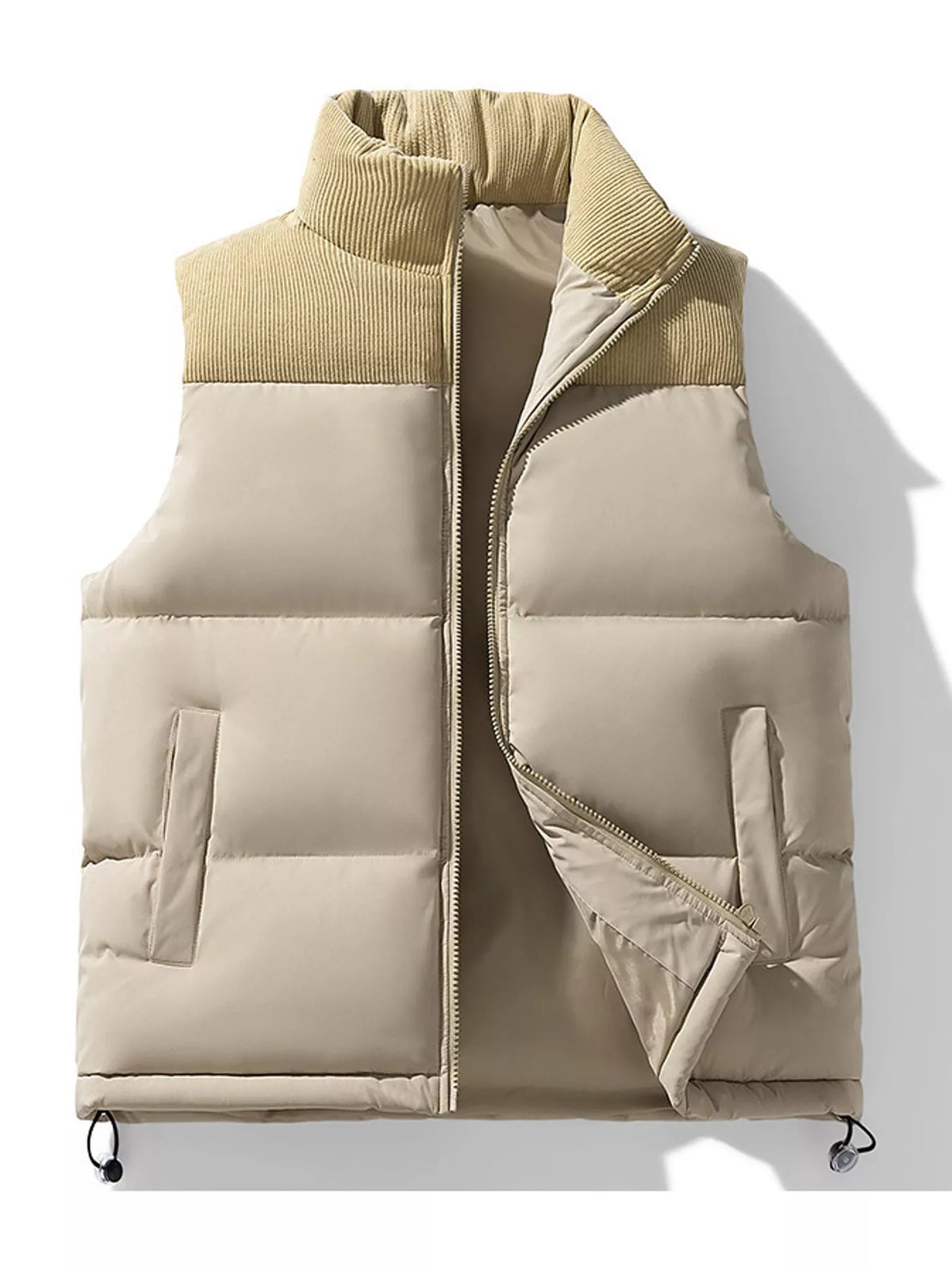 Khaki men's corduroy-panel puffer vest, front view. One vest is sold.