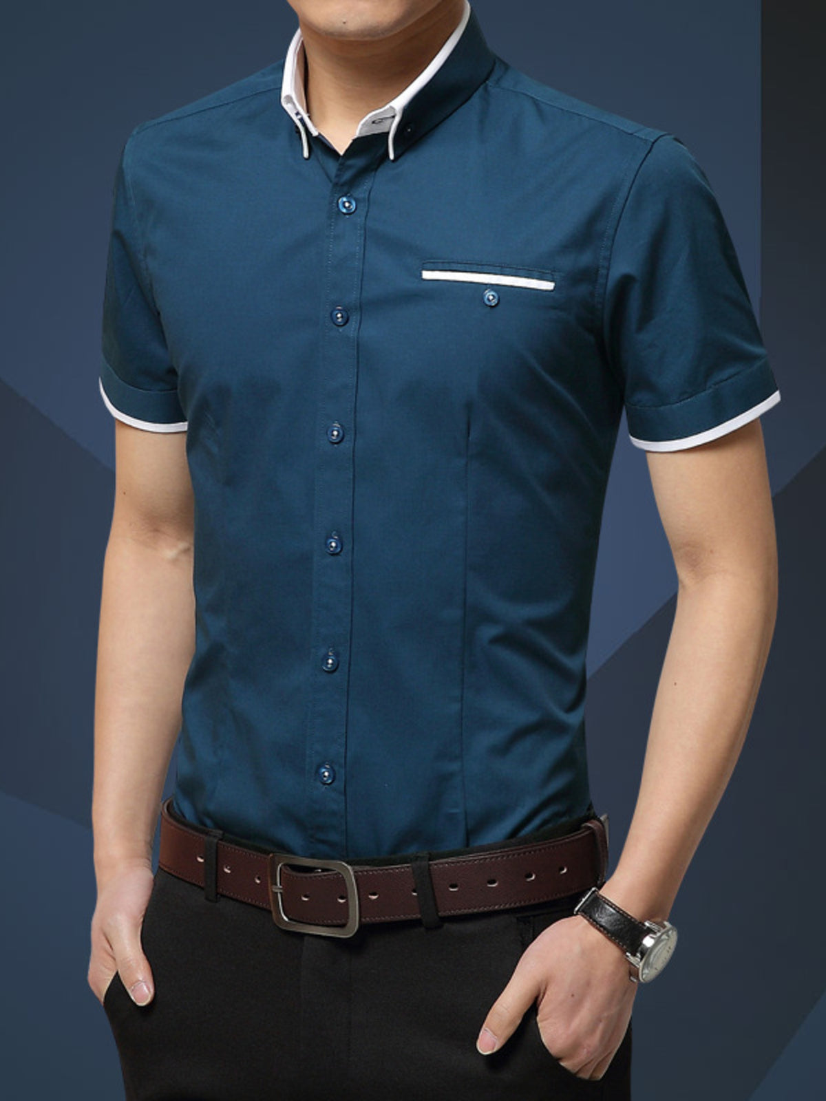 Men's Royal Blue button-up short-sleeve shirt, front view. Shirt only; styling accessories not included.
