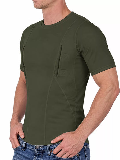 Side view of the army green active T-shirt and its side panel.