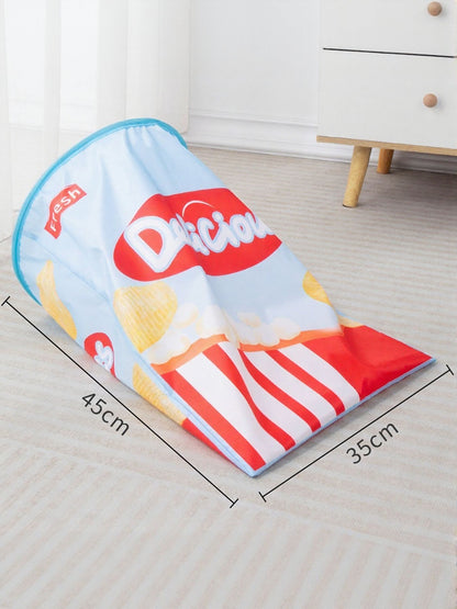 Blue snack-package-print cat tunnel with 45 by 35 centimeter dimensions.