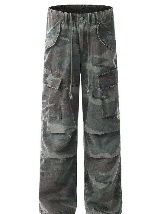 Green Camouflage cargo trousers with side pockets, full front view
