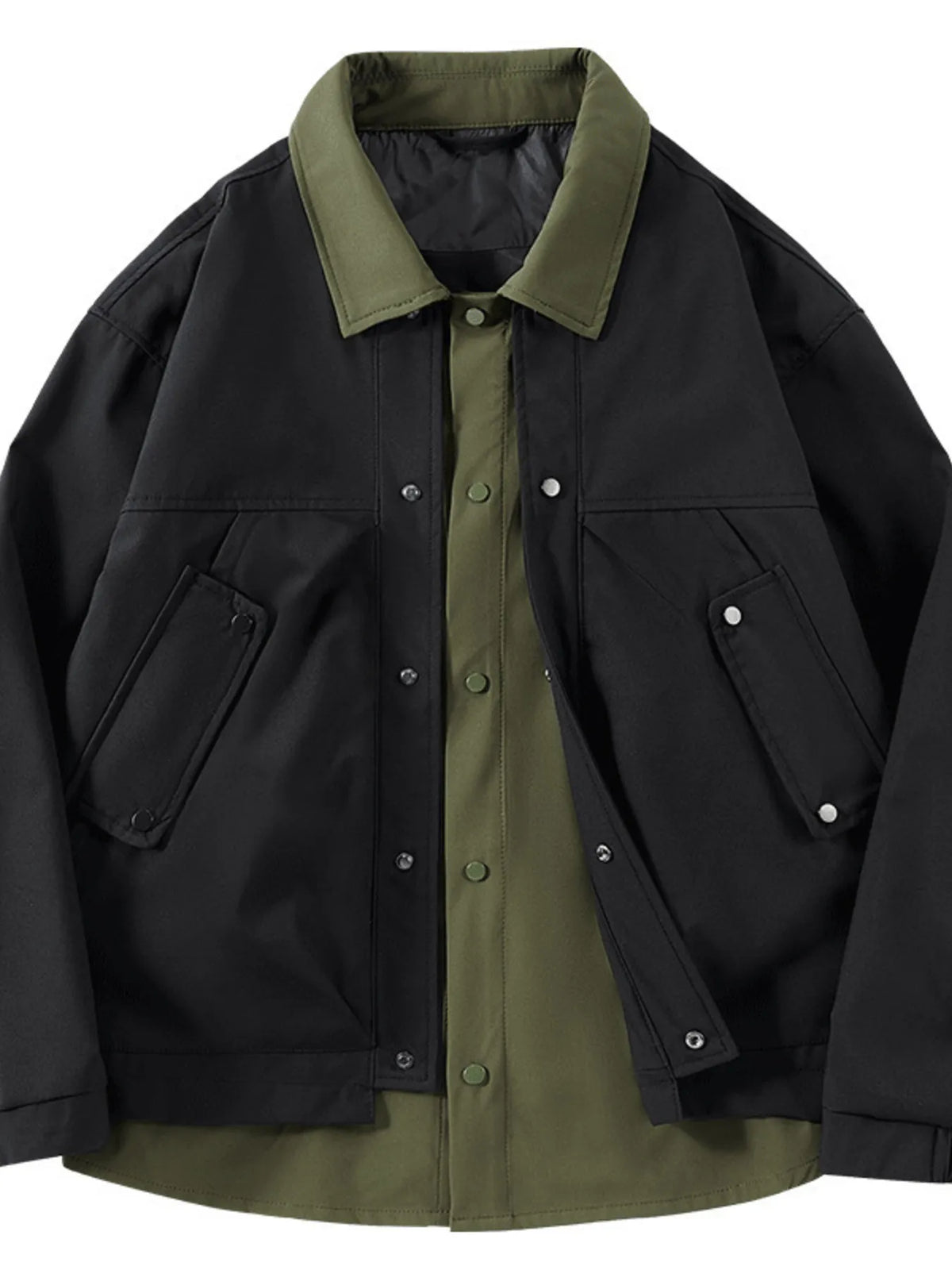 Black jacket with olive collar, front and hem, front view.