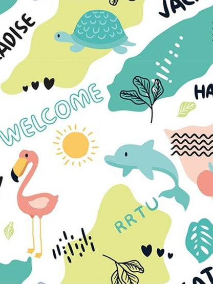 Close-up of the Heron and Dolphin pet towel print with tropical animals.