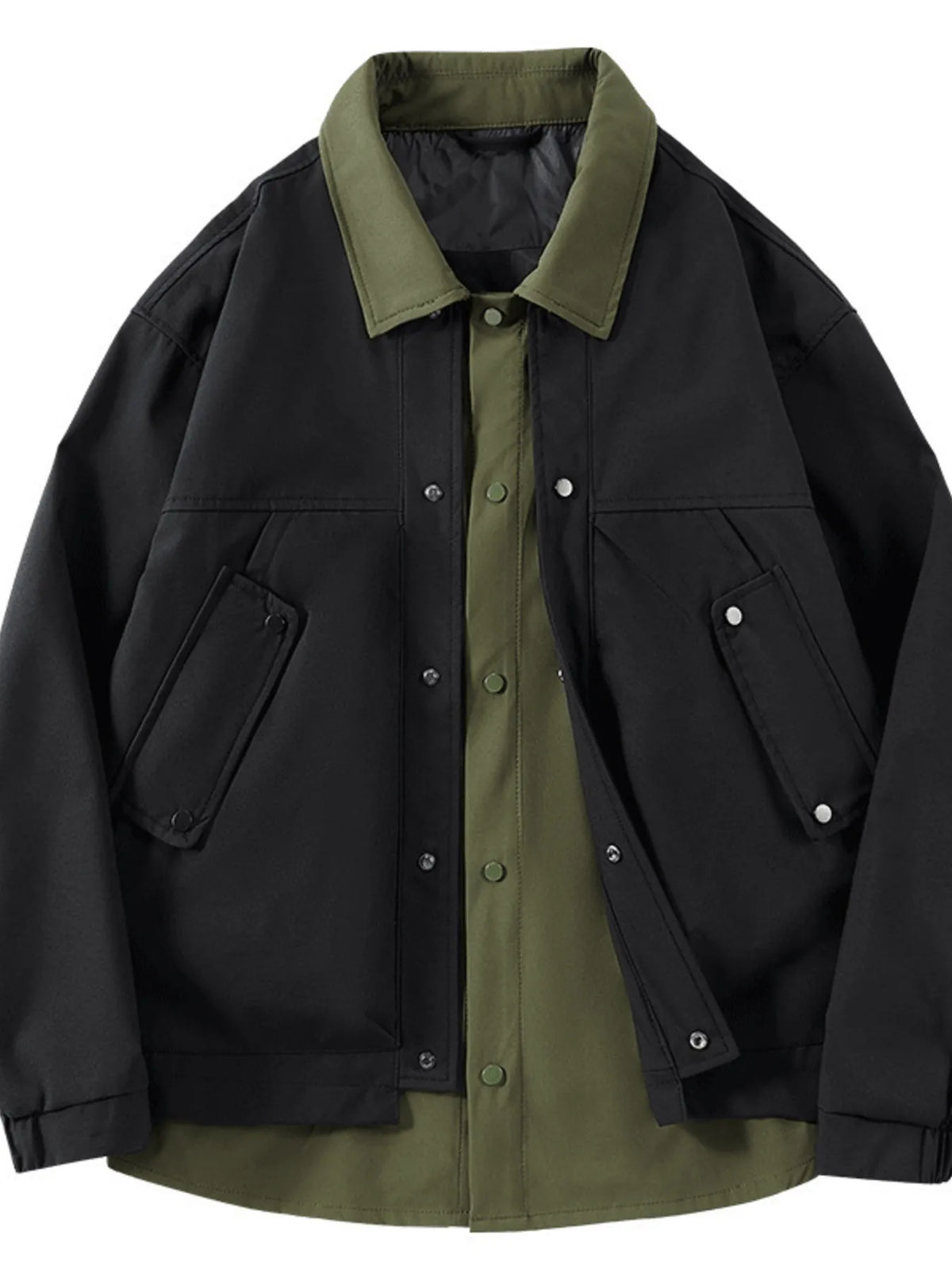 Black and olive snap-front jacket, front view.