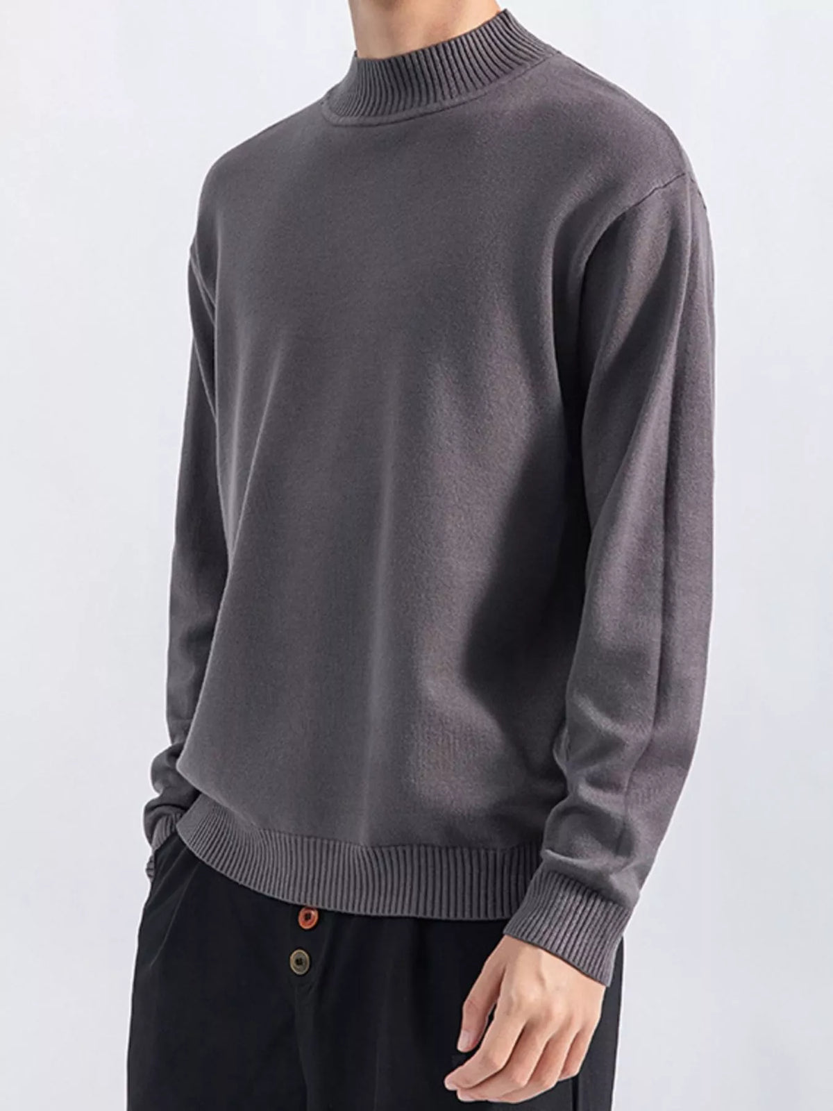 Men's Dark Gray minimalist mock-neck sweater, front view. Trousers are styling items and are not included.