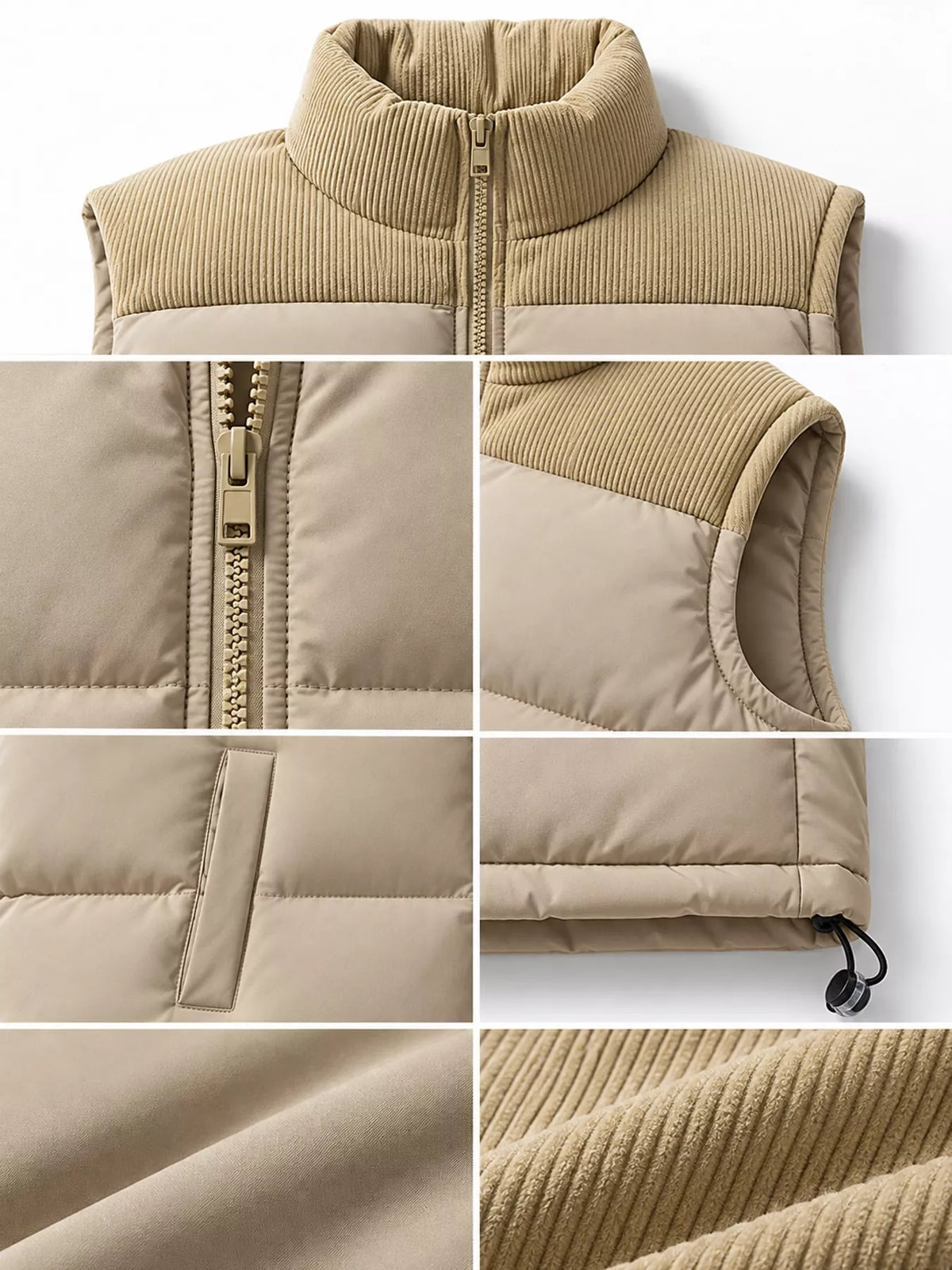 Khaki men's corduroy-panel puffer vest, detail collage view. One vest is sold.