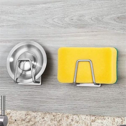 Two holder use examples with sponge and drain stopper; displayed accessories are excluded.