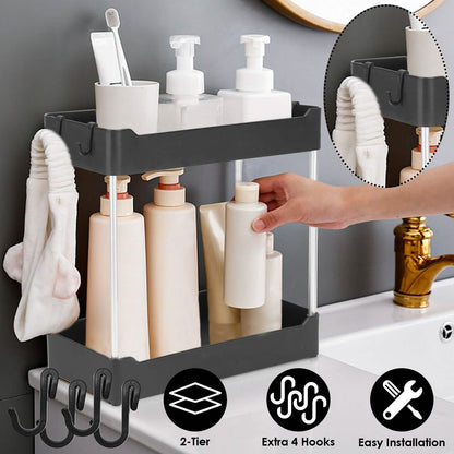 Two-tier organizer used for toiletries, with four included hooks; toiletries, towel and other furnishings are excluded.