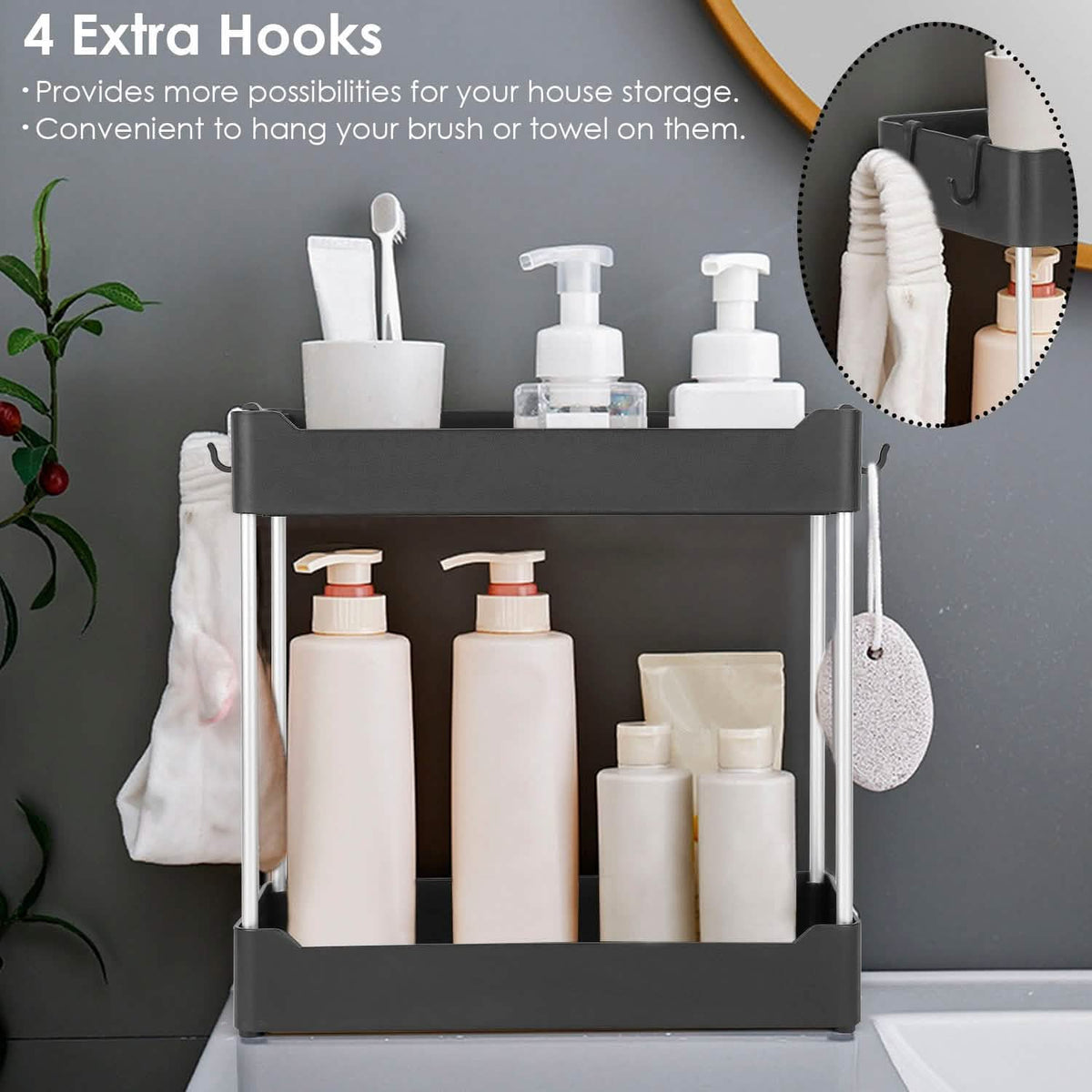 Close-up of the four hooks on a two-tier shelf organizer; towel and toiletries are excluded.