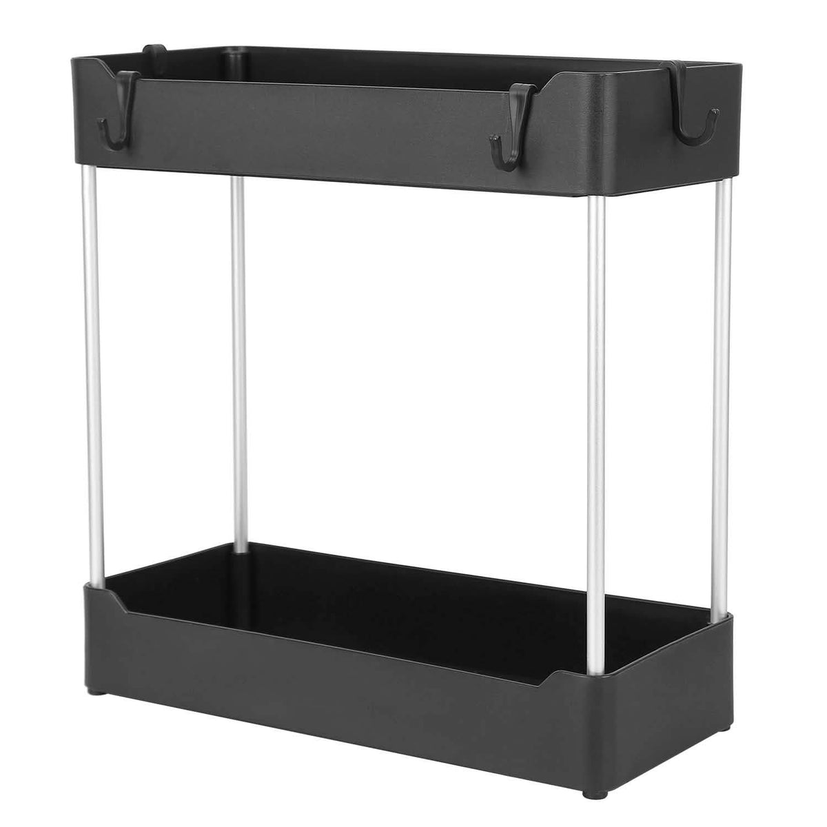 Side view of one black two-tier shelf organizer with four hooks.