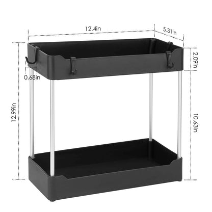 Supplier dimension guide for the two-tier organizer: approximately 12.4 inches wide, 5.31 inches deep and 12.99 inches high.