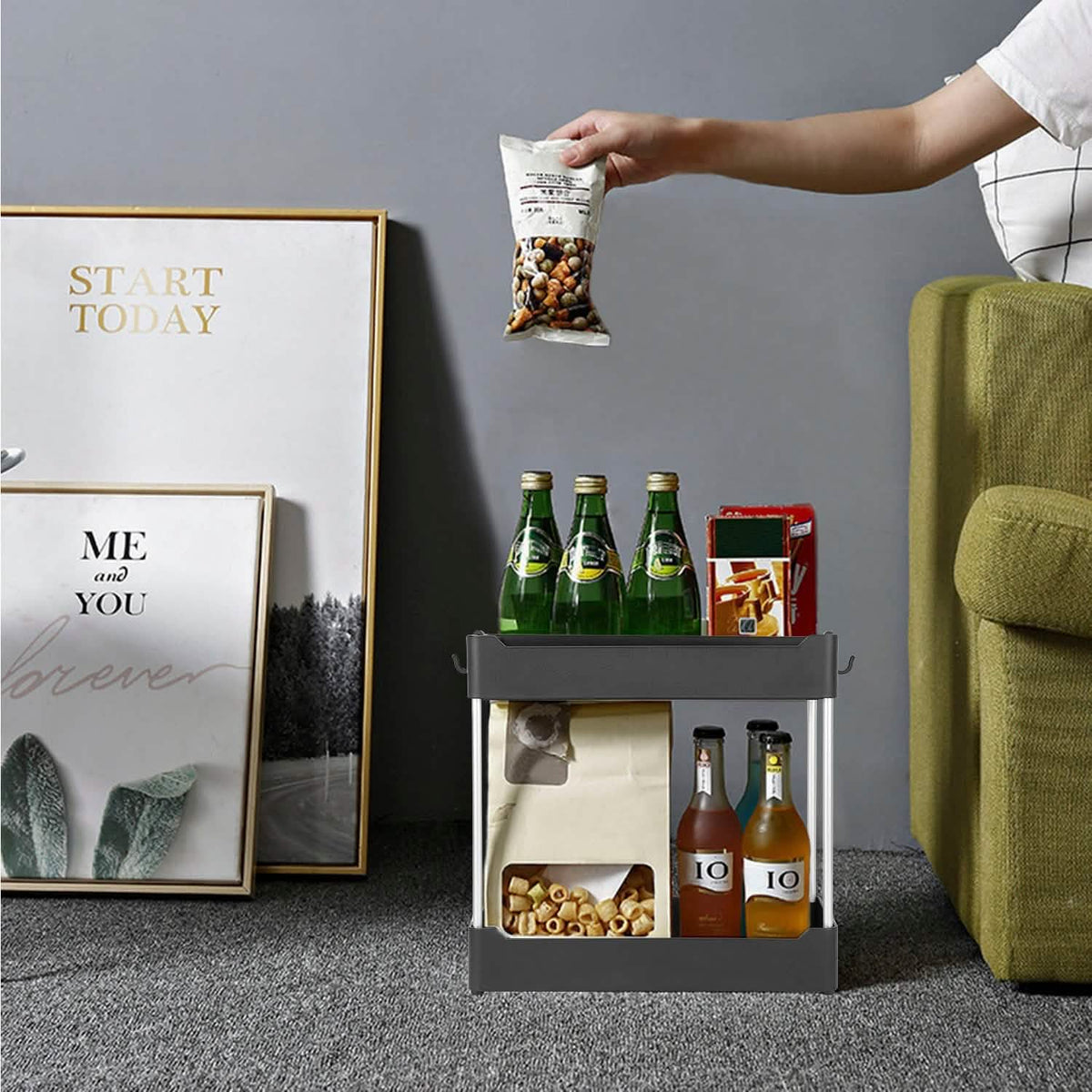 Two-tier organizer in a room setting; displayed drinks, snacks, glass, furniture and other props are not included.