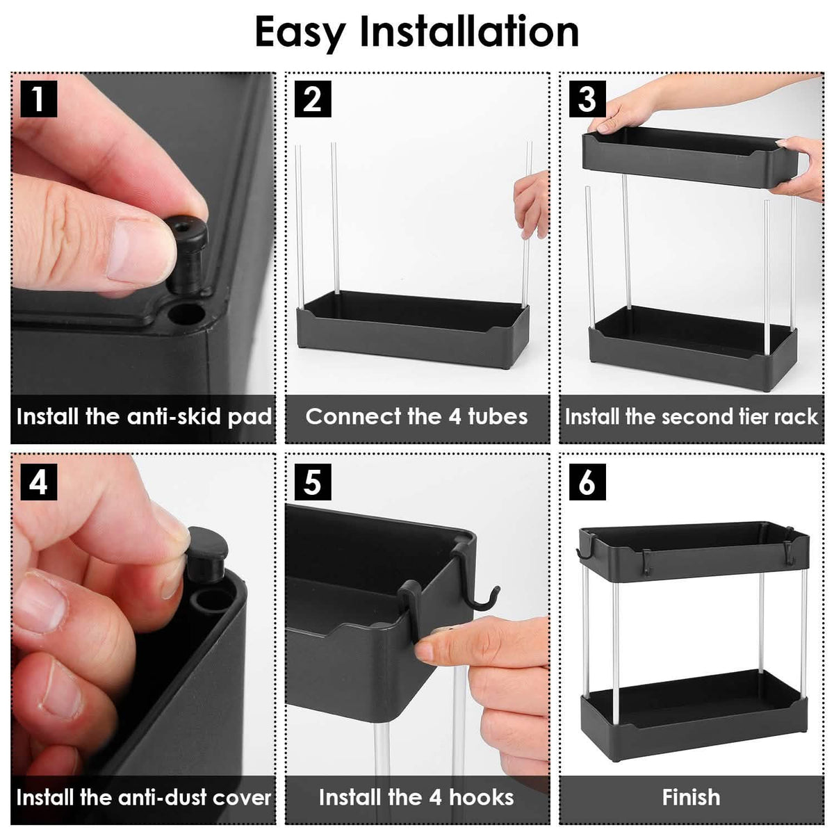 Supplier assembly guide for one organizer, showing pads, four tubes, shelves, caps and four hooks.