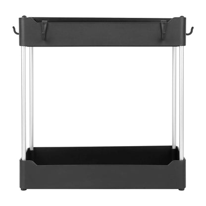Front view of one empty black two-tier shelf organizer with side hooks.