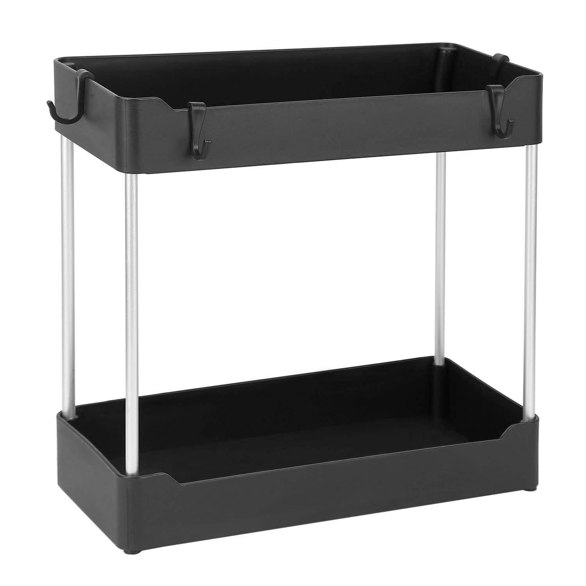 Angled view of one black two-tier shelf organizer; one organizer per order.