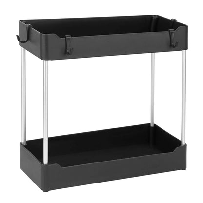 Angled view of one black two-tier shelf organizer; one organizer per order.