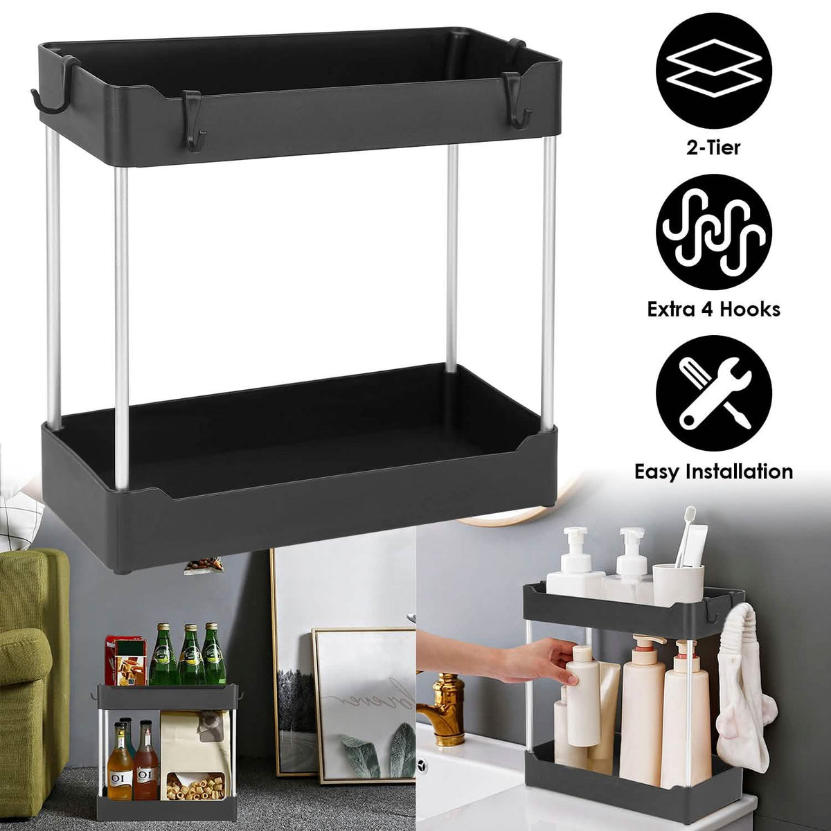 Two-tier organizer and example room settings; one organizer and four hooks are included, styling items are excluded.