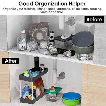 Supplier before-and-after storage example with one organizer; household contents and cabinet are excluded.