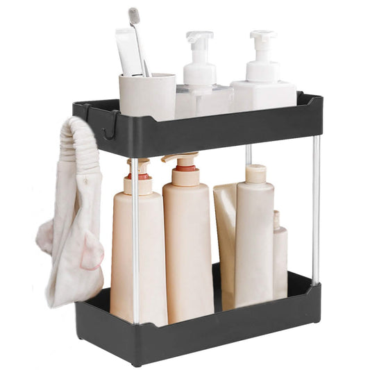 One black two-tier shelf organizer with four hooks; toiletries and towel shown for styling are not included.