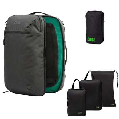 Dark COR Surf backpack with a black front zipper and teal-green interior, shown with black travel organizers.