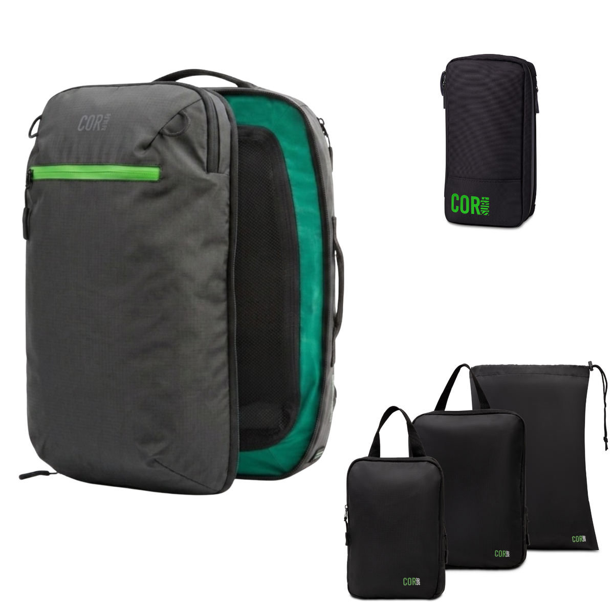COR Surf travel bundle with a dark backpack showing a bright green zipper and lining, alongside black toiletry and packing bags.