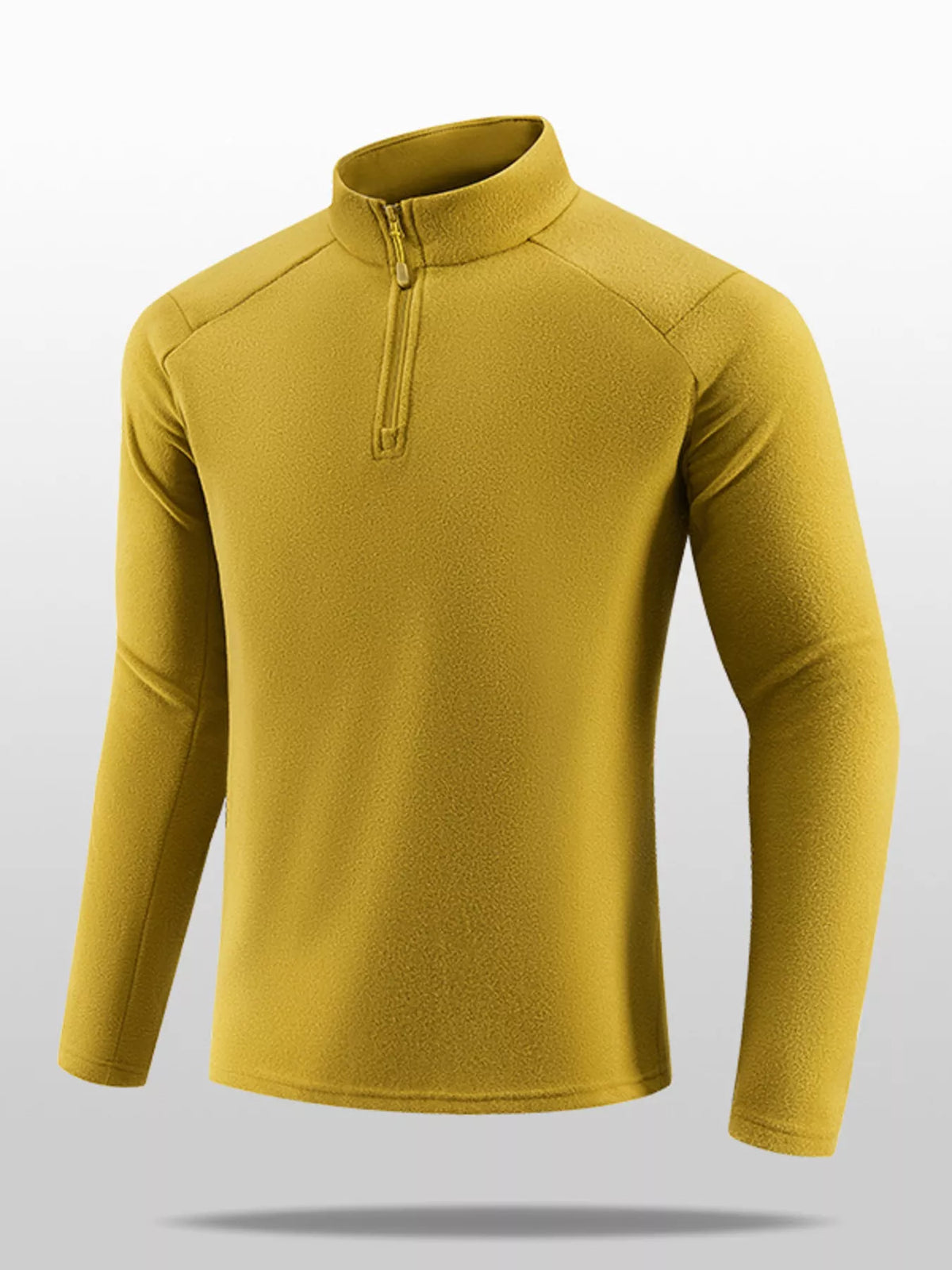Mustard half-zip sweatshirt with stand collar, front view
