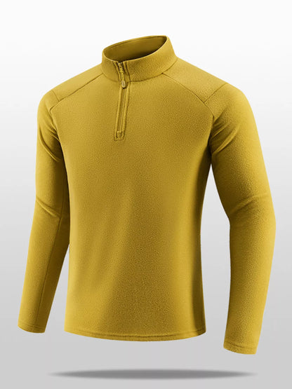 Mustard half-zip sweatshirt with stand collar, front view