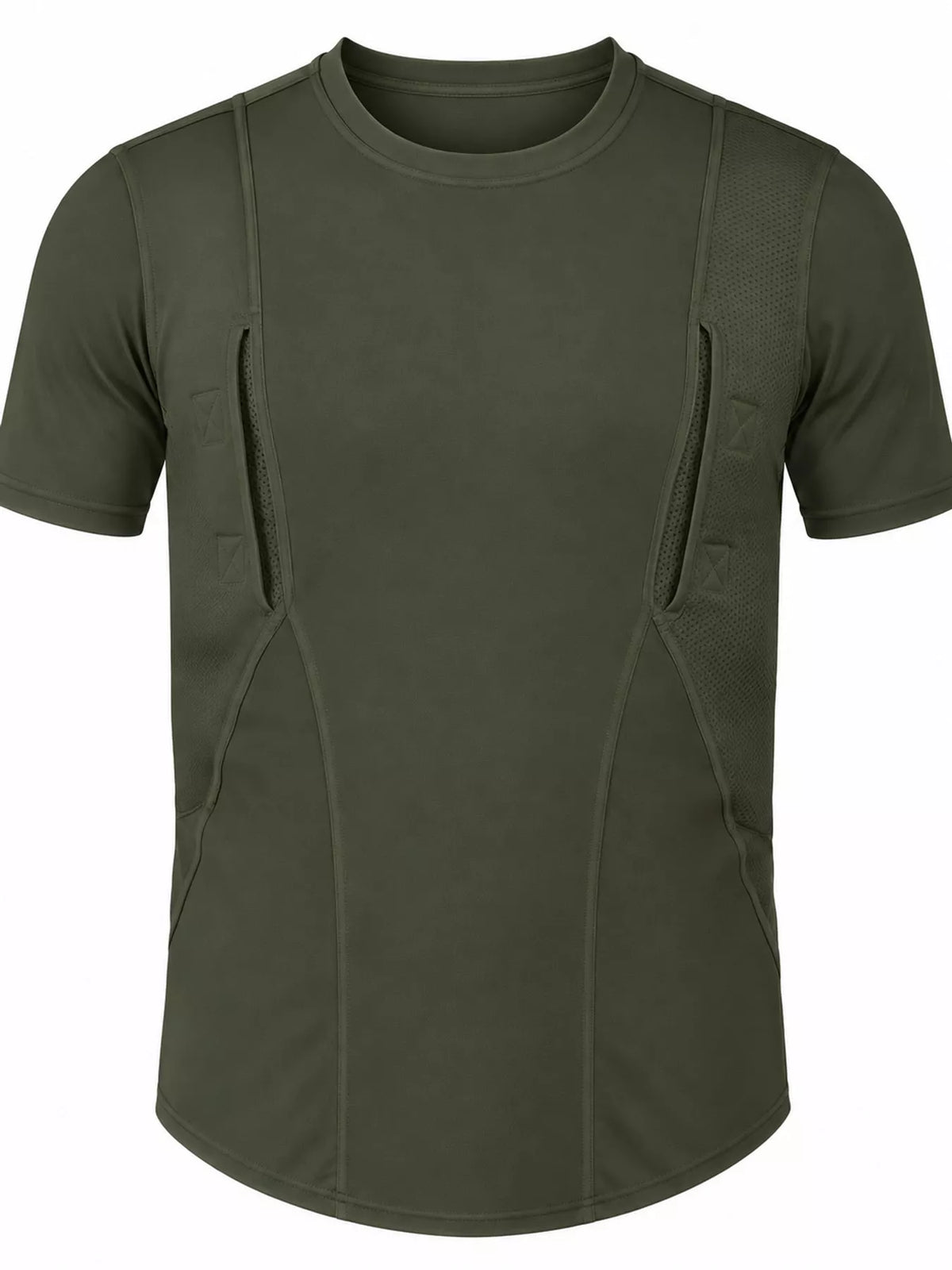 Army green short-sleeve active T-shirt with curved seams, shown alone.