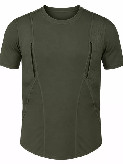 Army green short-sleeve active T-shirt with curved seams, shown alone.